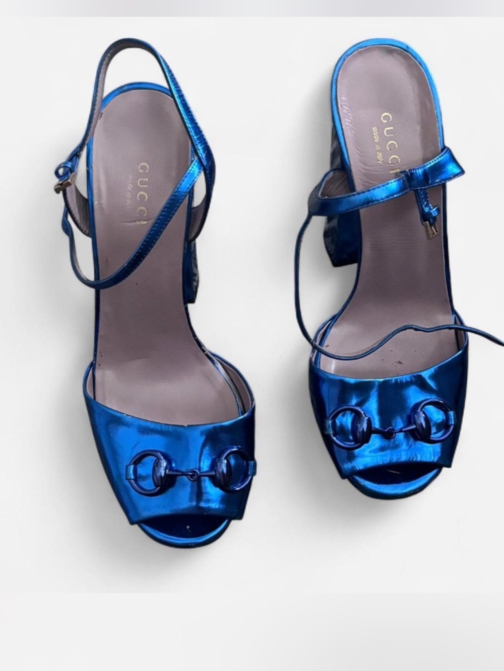 Gucci Horsebit Metallic Blue Leather Slingback Sandals